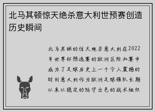 北马其顿惊天绝杀意大利世预赛创造历史瞬间