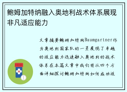 鲍姆加特纳融入奥地利战术体系展现非凡适应能力