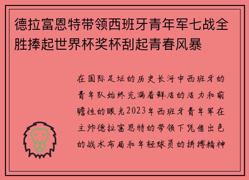 德拉富恩特带领西班牙青年军七战全胜捧起世界杯奖杯刮起青春风暴